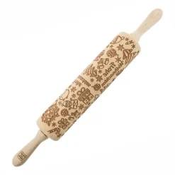 MoodForWood trækagerulle, indgraveret, 43 cm med håndtag, perfekt til bagning - Frohe Weihnachten-mønster Online