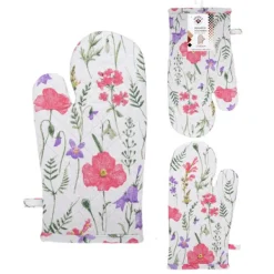 NICOLE tyk tekstil ovnhandske, 100% bomuld, art. 52343, mønster 5, hvid med farverige blomster og grønne kviste Clearance