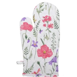 NICOLE tyk tekstil ovnhandske, 100% bomuld, art. 52343, mønster 5, hvid med farverige blomster og grønne kviste Clearance