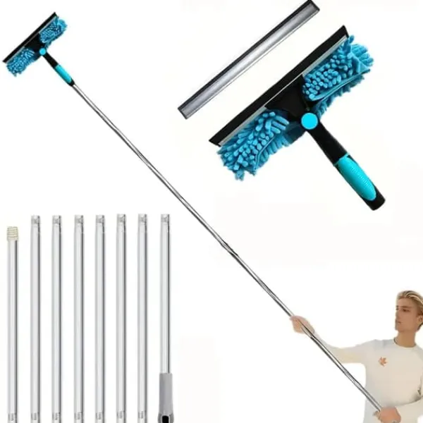 OBOSOE 2-i-1 Teleskopisk Skaft Vinduesskraber 313cm – Vinduespudser og gummiskraber til høje vinduer, biler, brusere, indendørs og udendørs Hot