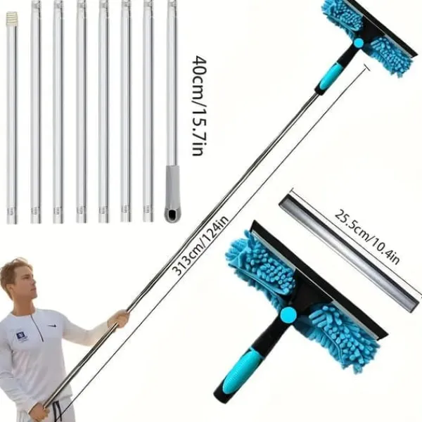 OBOSOE 2-i-1 Teleskopisk Skaft Vinduesskraber 313cm – Vinduespudser og gummiskraber til høje vinduer, biler, brusere, indendørs og udendørs Hot