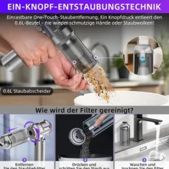 Håndstøvsugere>OBOSOE 4-i-1 Trådløs Håndholdt Støvsuger – Mini Støvsuger med Selvtømning, 3 Sugeniveauer til Hjem, Bil & Kæledyr