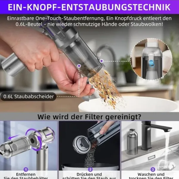 Håndstøvsugere>OBOSOE 4-i-1 Trådløs Håndholdt Støvsuger – Mini Støvsuger med Selvtømning, 3 Sugeniveauer til Hjem, Bil & Kæledyr