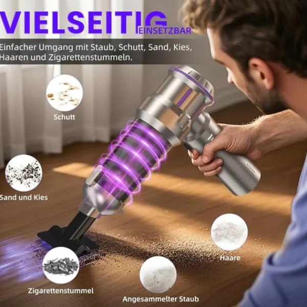 Håndstøvsugere>OBOSOE 4-i-1 Trådløs Håndholdt Støvsuger – Mini Støvsuger med Selvtømning, 3 Sugeniveauer til Hjem, Bil & Kæledyr