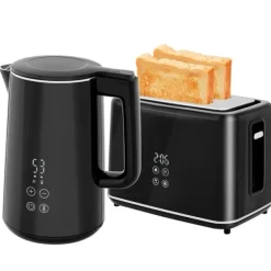 OBOSOE kedel- og brødristersæt – 1,5 l kedel og 2 toastskiver, 2200 W, 7 risteniveauer, optøning, genopvarmning, krummebakke, sort New