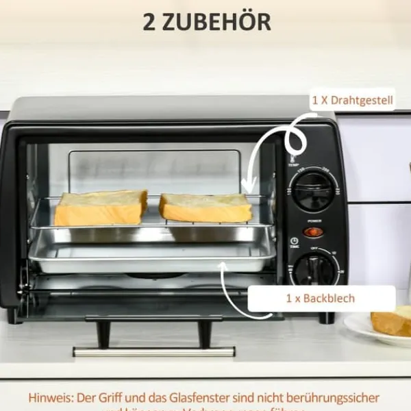Ovne>OBOSOE 10L miniovn med timer – 750W, 60 min timer, op til 230°C, lille elektrisk ovn med bageplade og grillrist