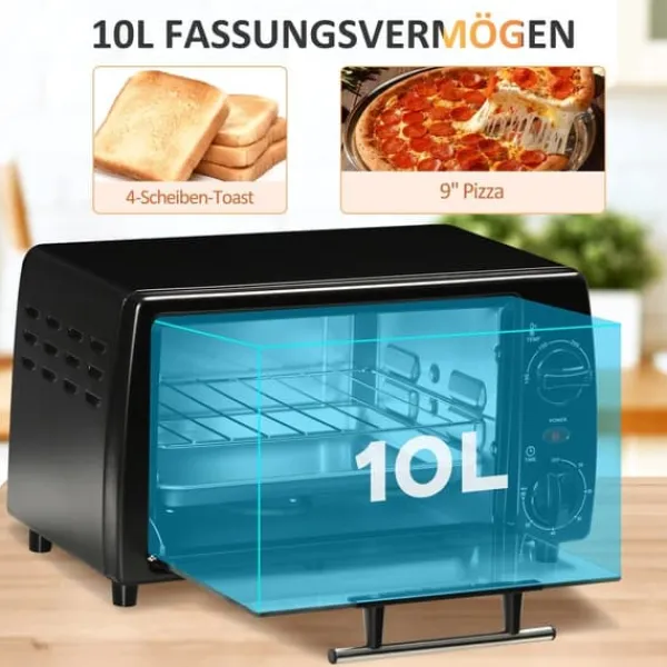 Ovne>OBOSOE 10L miniovn med timer – 750W, 60 min timer, op til 230°C, lille elektrisk ovn med bageplade og grillrist