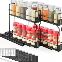 Køkkenorganisering>OBOSOE 2-lags krydderihylde med udtrækkeligt design og etiketter – robust skabsarrangør