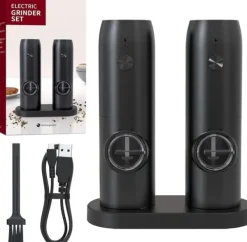 Krydderikværne>OBOSOE 2-pak elektrisk peberkværn – justerbar grovhed, LED-lys, med bund og børste til køkken og grill