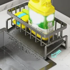 OBOSOE selvskærende sæbesvampholder, vaskehylde i rustfrit stål, køkkenvask afløbshylde med skillevæg, køkkenbordplade arrangør Hot