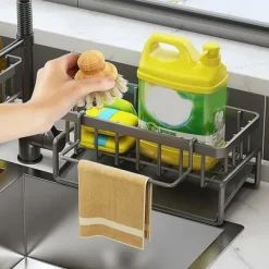 OBOSOE selvskærende sæbesvampholder, vaskehylde i rustfrit stål, køkkenvask afløbshylde med skillevæg, køkkenbordplade arrangør Hot