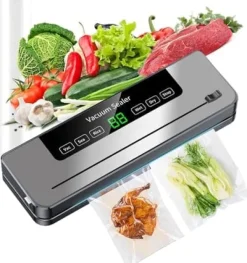 Vakuumpakkere>OBOSOE Vacuum Packer 6-i-1 – Digital LED-skærm med nedtælling, til både tørre og fugtige fødevarer, 10 vakuumposer