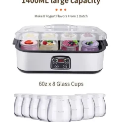 Yogurtmaskiner>OBOSOE yoghurtmaskine 1400ML med 8 glas, justerbar temperatur og tid, automatisk maskine med LCD-skærm