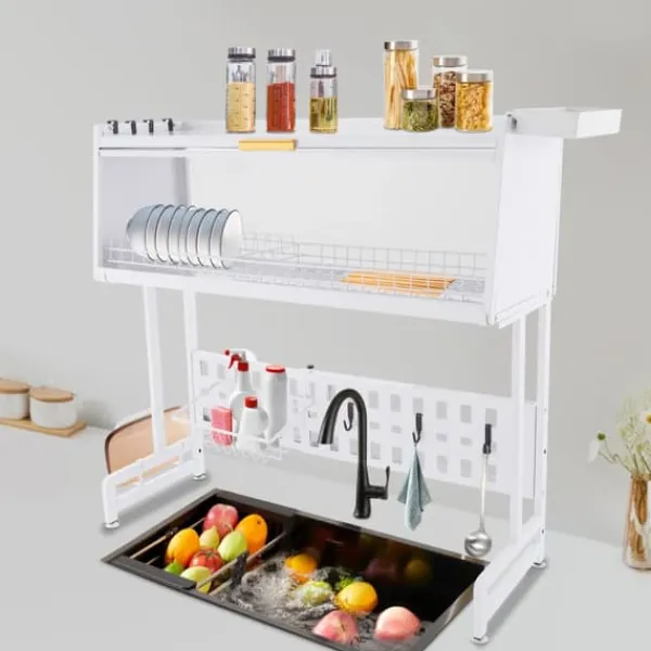 Opvaskestativer & Tørrestativer>Opvaskestativ - Udtrækkeligt tørrestativ - Rustbestandig - Kulstofstål & PP - Max belastning 100 kg - Skabsmål 84,5×28×31 cm - Med håndtag - Hvid