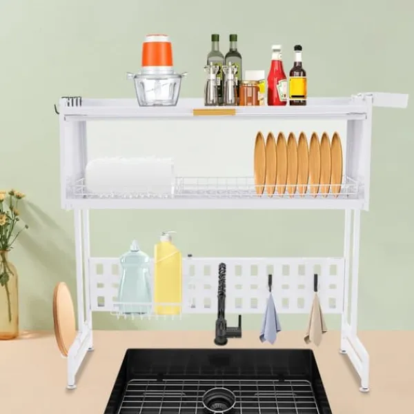 Opvaskestativer & Tørrestativer>Opvaskestativ - Udtrækkeligt tørrestativ - Rustbestandig - Kulstofstål & PP - Max belastning 100 kg - Skabsmål 84,5×28×31 cm - Med håndtag - Hvid