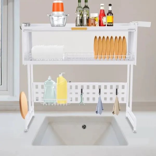 Opvaskestativer & Tørrestativer>Opvaskestativ - Udtrækkeligt tørrestativ - Rustbestandig - Kulstofstål & PP - Max belastning 100 kg - Skabsmål 84,5×28×31 cm - Med håndtag - Hvid