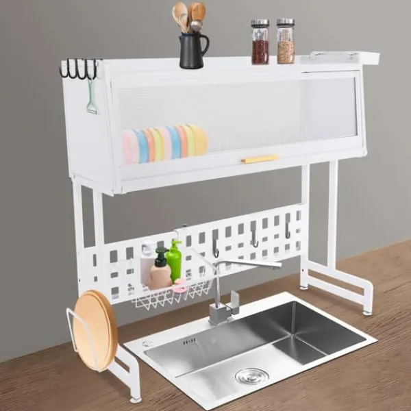 Opvaskestativer & Tørrestativer>Opvaskestativ - Udtrækkeligt tørrestativ - Rustbestandig - Kulstofstål & PP - Max belastning 100 kg - Skabsmål 84,5×28×31 cm - Med håndtag - Hvid