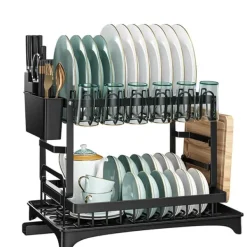 Opvaskestativer & Tørrestativer>Opvaskestativ, 2-lags design, integreret dræningssystem,2-niveau, sort