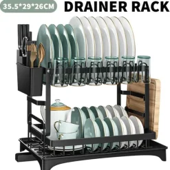 Opvaskestativer & Tørrestativer>Opvaskestativ, 2-lags design, integreret dræningssystem,2-niveau, sort