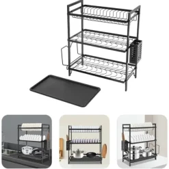 Opvaskestativ til køkken - 3-etagers opvaskestativ - Jern - Drypbakke - Bestikholder - Fritstående - Sort Sale