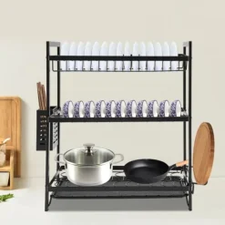 Opvaskestativ til køkken - 3-etagers opvaskestativ - Jern - Drypbakke - Bestikholder - Fritstående - Sort Sale