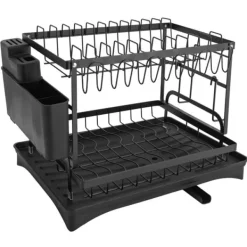 Opvaskestativer & Tørrestativer>Opvaskestativ til køkkenbord - Tørrestativ til service - To Niveauer - Afløbstud - Bestikholder - Drypbakke - 42x30x29 cm - Sort