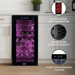 Oriva vinkøleskab 78L | Plads til 28 flasker | Flerfarvet LED med musiksynkronisering | Digital styring | Termoelektrisk køling 8-18°C | Fjernbetjenin | CDON Online