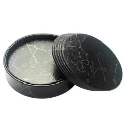 6-pakke reversible glasbaser sort marmor PU med indehaver Best