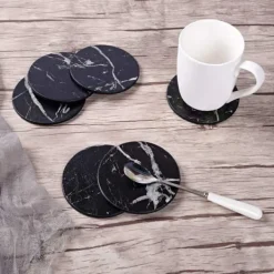 6-pakning Reversible Glass Pads Black Marble Pu med Holder Best
