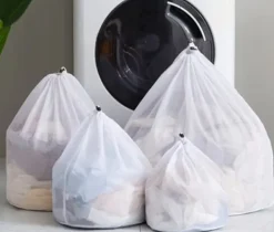 4-pakVasketøjsposer med finmasket net, Vasketøjspose med snoreprop, Hvid