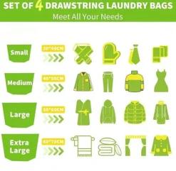 4-pakVasketøjsposer med finmasket net, Vasketøjspose med snoreprop, Hvid