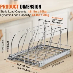 Pande- og gryderol, udtræk under skab, organiser bageplader, justerbare ledningsdelere, stållågsholder til opbevaring, 11,7