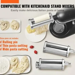 Pastamaskiner>Pastatilbehør til KitchenAid Stand Mixer - rustfrit stål rullesæt med justerbare tykkelser, inkl. Spaghetti- og Fettuccineskærer, 3 dele.