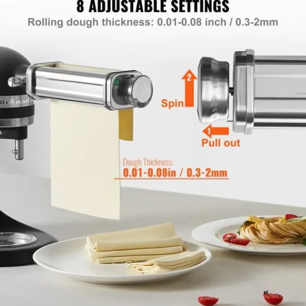 Pastamaskiner>Pastatilbehør til KitchenAid Stand Mixer - rustfrit stål rullesæt med justerbare tykkelser, inkl. Spaghetti- og Fettuccineskærer, 3 dele.