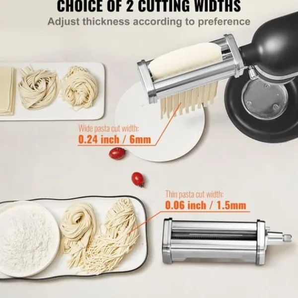 Pastamaskiner>Pastatilbehør til KitchenAid Stand Mixer - rustfrit stål rullesæt med justerbare tykkelser, inkl. Spaghetti- og Fettuccineskærer, 3 dele.