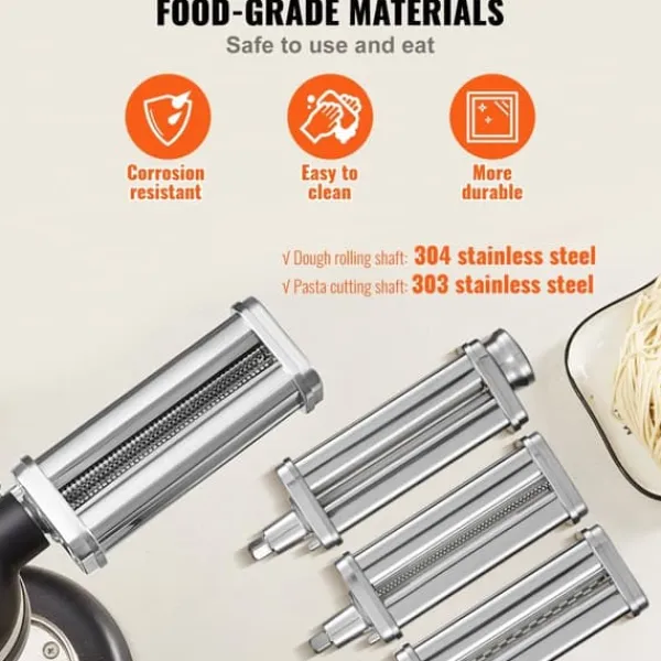 Pastamaskiner>Pastatilbehør til KitchenAid Stand Mixer - rustfrit stål rullesæt med justerbare tykkelser, inkl. Spaghetti- og Fettuccineskærer, 3 dele.