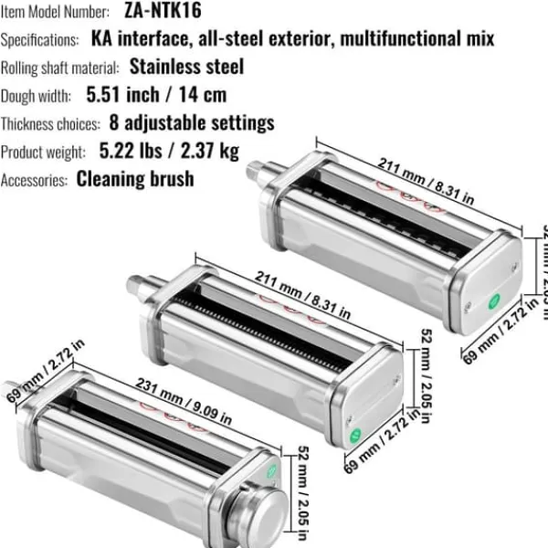 Pastamaskiner>Pastatilbehør til KitchenAid Stand Mixer - rustfrit stål rullesæt med justerbare tykkelser, inkl. Spaghetti- og Fettuccineskærer, 3 dele.