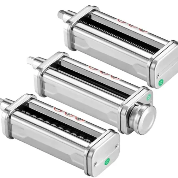 Pastamaskiner>Pastatilbehør til KitchenAid Stand Mixer - rustfrit stål rullesæt med justerbare tykkelser, inkl. Spaghetti- og Fettuccineskærer, 3 dele.