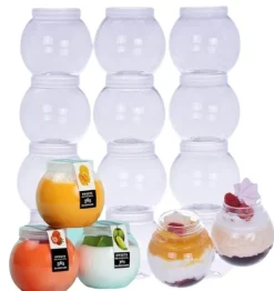 Beholdere Til Madopbevaring>Plastikkopper med låg til kugleformede desserter Kugleformet kop 200ml/12 stk.