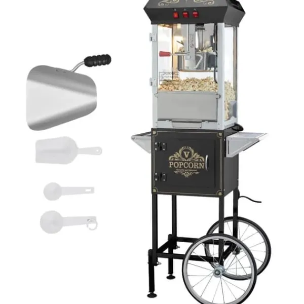 Popcorn Popper med vogn, 850W, 8 Oz, 48 kopper, sort, perfekt til fest og hjemmebiograf. Discount