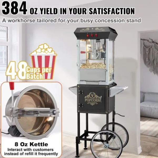 Popcorn Popper med vogn, 850W, 8 Oz, 48 kopper, sort, perfekt til fest og hjemmebiograf. Discount