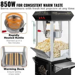 Popcorn Popper med vogn, 850W, 8 Oz, 48 kopper, sort, perfekt til fest og hjemmebiograf. Discount