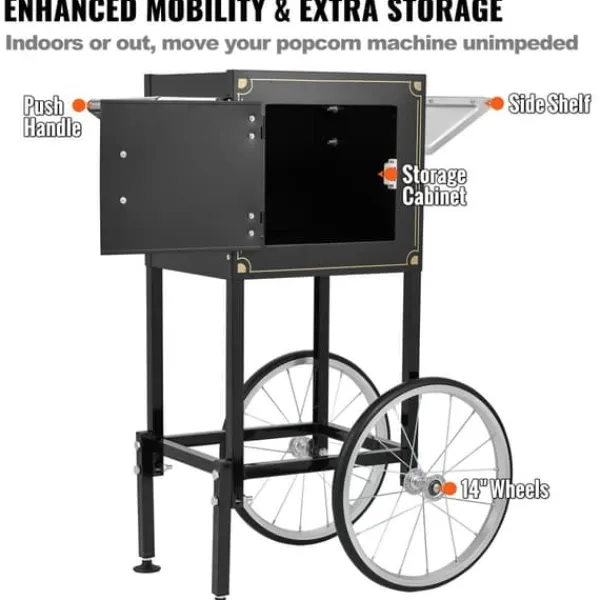 Popcorn Popper med vogn, 850W, 8 Oz, 48 kopper, sort, perfekt til fest og hjemmebiograf. Discount