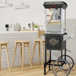 Popcorn Popper med vogn, 850W, 8 Oz, 48 kopper, sort, perfekt til fest og hjemmebiograf. Discount