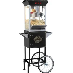 Popcorn Popper med vogn, 850W, 8 Oz, 48 kopper, sort, perfekt til fest og hjemmebiograf. Discount