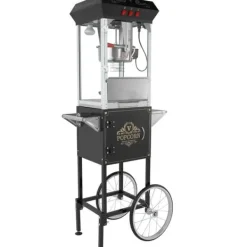 Popcorn Popper med vogn, 850W, 8 Oz, 48 kopper, sort, perfekt til fest og hjemmebiograf. Discount