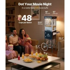 Popcornmaskine med Vogn, Rustfrit Stål Elkedel, 800W, 48 Kopper/Portion, 2-Knaps, Glasvæg, Pc-Dør, Sort Outlet