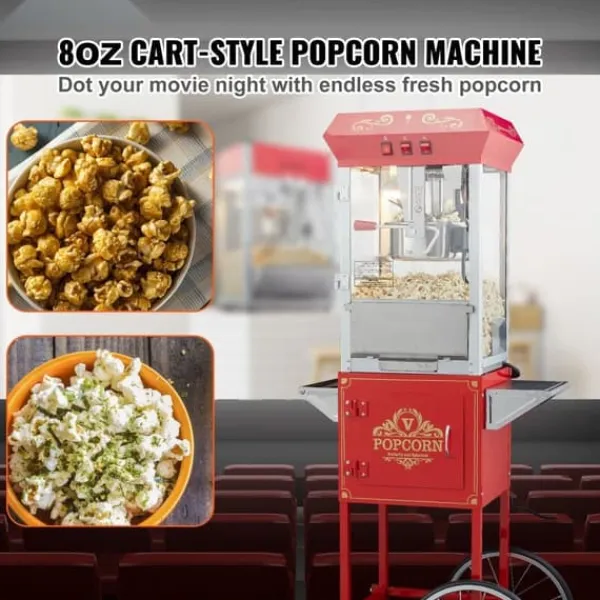 Popcornmaskine med vogn, 850W, 8 Oz, 48 kopper, hurtig opvarmning, perfekt til fester og biografoplevelser. Outlet