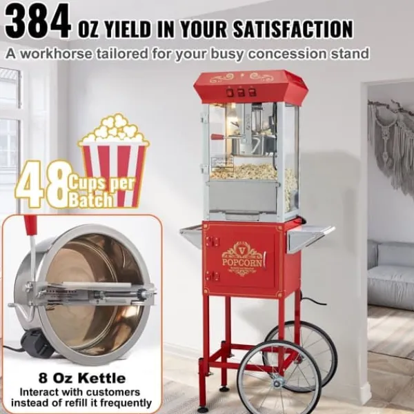 Popcornmaskine med vogn, 850W, 8 Oz, 48 kopper, hurtig opvarmning, perfekt til fester og biografoplevelser. Outlet