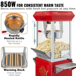 Popcornmaskine med vogn, 850W, 8 Oz, 48 kopper, hurtig opvarmning, perfekt til fester og biografoplevelser. Outlet